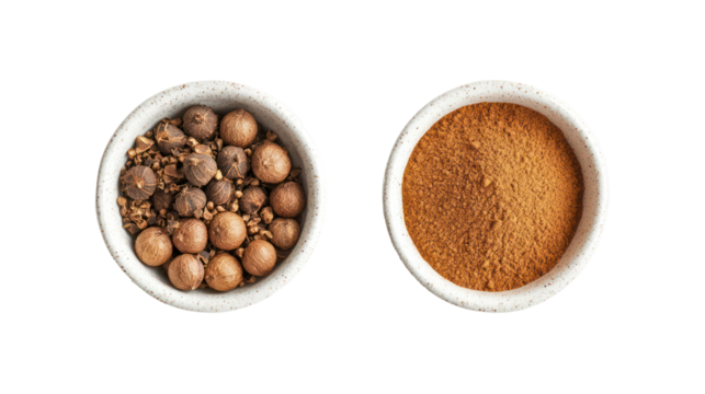 Two oval dishes one with whole nutmegs and the other with ground nutmeg isolated on transparent background