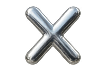 Letter x with a glossy chrome metallic texture rendering on a transparent background, shiny silver alphabet character