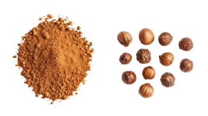 Mace whole arils and mace powder in a bowl overhead side by side on transparent background