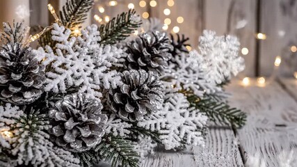 Snowy Christmas Decoration with Lights - This video features a festive Christmas decoration of pine cones, snowflakes, and fir branches, all covered in artificial snow, set against a backdrop of