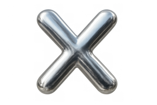 Letter x with a glossy chrome metallic texture rendering on a transparent background, shiny silver alphabet character