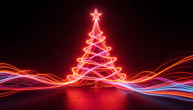 Neon Light Christmas Tree with Colorful Light Trails in Dark Background
