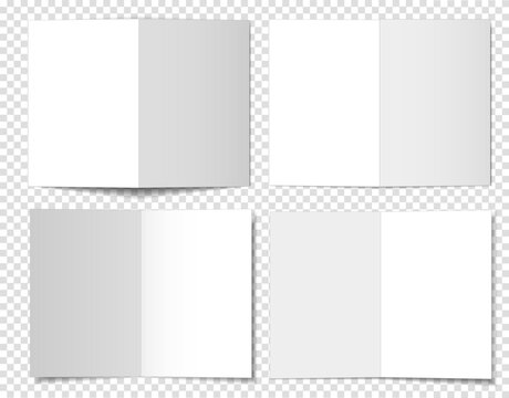 A set of mockups of open booklets, books, and two-page brochures on a transparent background, in four different orientations. 