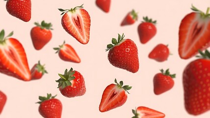 Scattered fresh strawberries and halves on a light pink background strawberry fruit