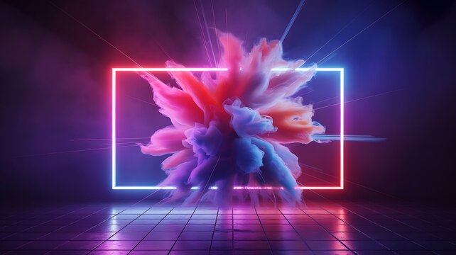 Abstract explosion of pink and purple smoke within neon rectangle powder cloud