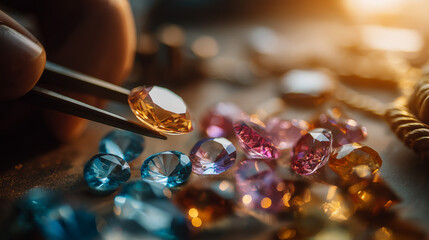 AI generator images of Multicolored gemstones shining brightly in a radiant white environment with elegance and luxury, Assorted colorful precious gemstones and jewelry Luxury Designer Necklaces