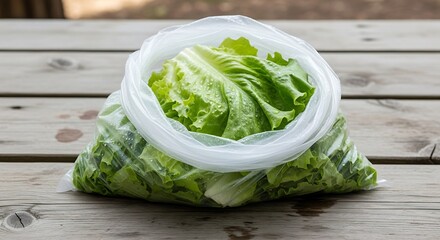 Crisp Lettuce in Plastic Bag on Rustic Wood Surface ready to eat