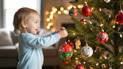 Adorable toddler wearing pajamas carefully placing a colorful ornament on a festive christmas tree, celebrating holiday joy and childhood innocence in a cozy home setting - Powered by Adobe