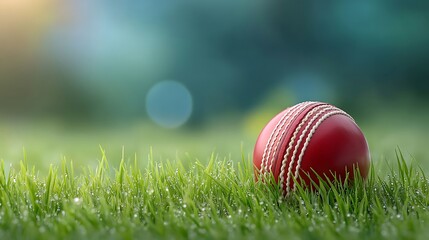 Red cricket ball resting on lush green grass field