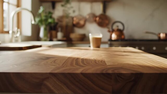 Kitchen Countertop with Natural Light - This video features a close-up shot of a wooden kitchen countertop with a visible grain pattern bathed in natural light.