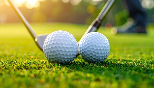 Two golf balls sit side-by-side on vibrant green grass. A club head is positioned behind them. The scene is bathed in warm sunlight