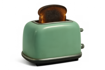 Burnt toast popping up from a vintage green toaster representing cooking failure and breakfast difficulties