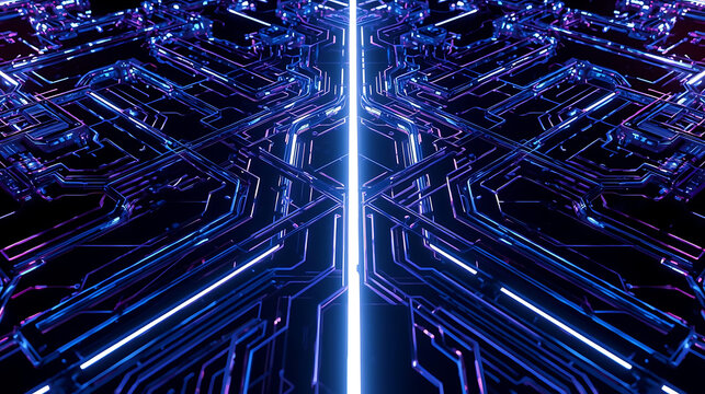 Futuristic Circuit Board with Glowing Neon Lines, Abstract Technology Background, High Tech System, Data Transmission, Artificial Intelligence Concept