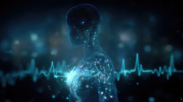 faceless human silhouette with glowing biometric data overlays heartbeat, brainwaves, DNA helix surrounding body, soft cyan light 3D render.