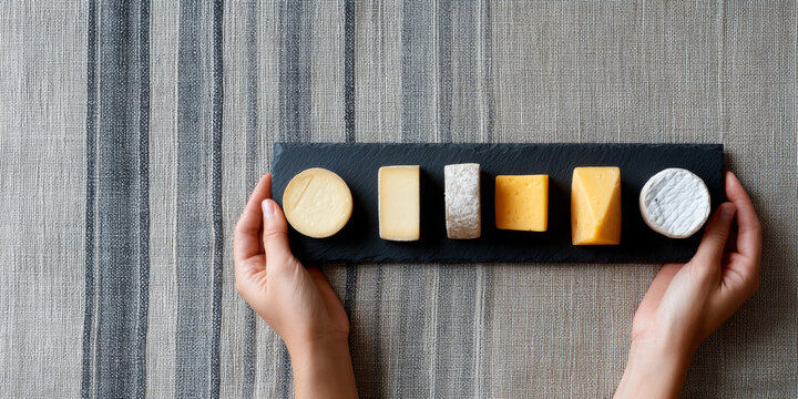 Hands holding a black slate platter with six different types of cheese arranged in a row on a textured striped fabric surface