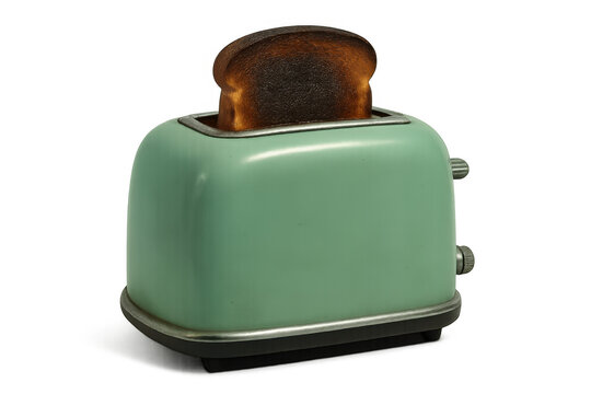 Burnt toast popping up from a vintage green toaster representing cooking failure and breakfast difficulties