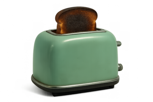 Burnt toast popping up from a vintage green toaster representing cooking failure and breakfast difficulties