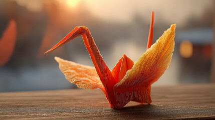 A delicately folded orange paper crane rests on a wooden surface against a softly blurred sunset background.