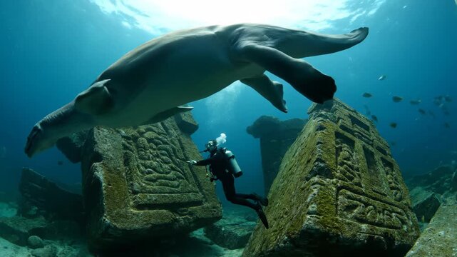 Scuba diver exploring a mysterious sunken city with monolithic structures and intricate carvings while an ancient marine reptile swims overhead, merging fantasy and prehistoric discovery