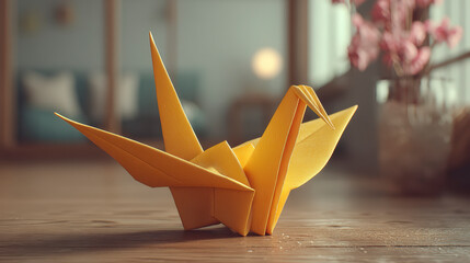 A beautifully folded yellow origami crane on a wooden surface, with soft-focused blossoms and warm lighting in the background.