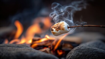 Marshmallow smoking and roasting on a stick over a camp fire