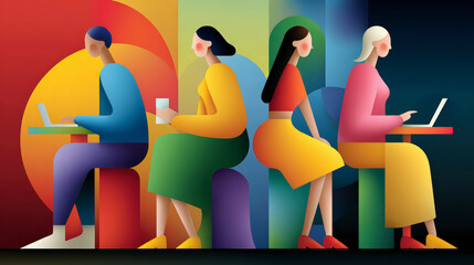 Four stylized individuals sitting on colorful chairs, each engaged with laptops or tablets, depicted in a modern, abstract art style.
