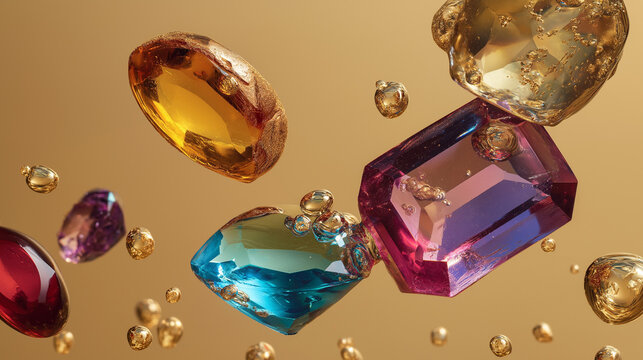AI generator images of Multicolored gemstones shining brightly in a radiant white environment with elegance and luxury, Assorted colorful precious gemstones and jewelry Luxury Designer Necklaces