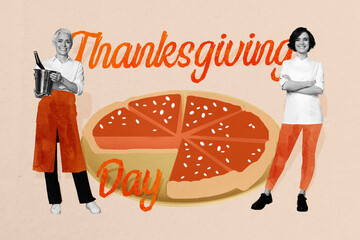 Artwork sketch banner full 3d collage of two happy girls chief waitress stand pumpkin pie...