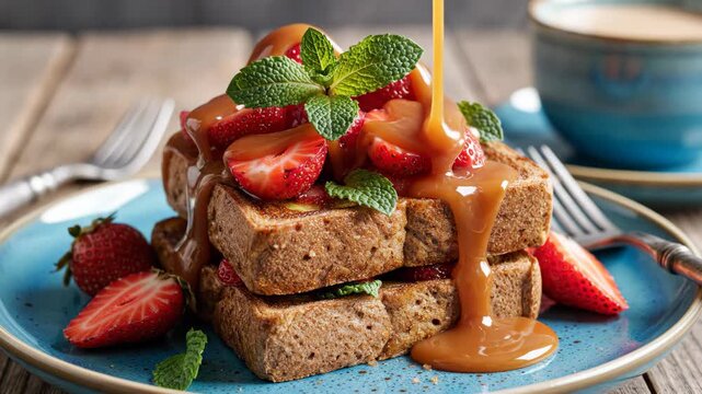 Gourmet French Toast with Strawberries and Caramel Sauce - This video showcases a beautifully plated stack of French toast topped with fresh strawberries, mint leaves, and drizzled with luscious