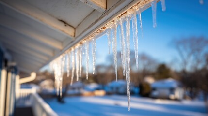 Icicles hanging from a house roof on a cold, sunny winter day