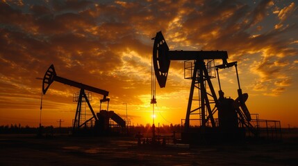 Naklejka premium Sunset silhouette of oil rigs with american flag representing the u.soil industry