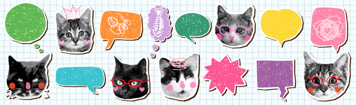 Cat halftone collage vector faces and speech bubbles set, Funny animal heads with empty text balloons