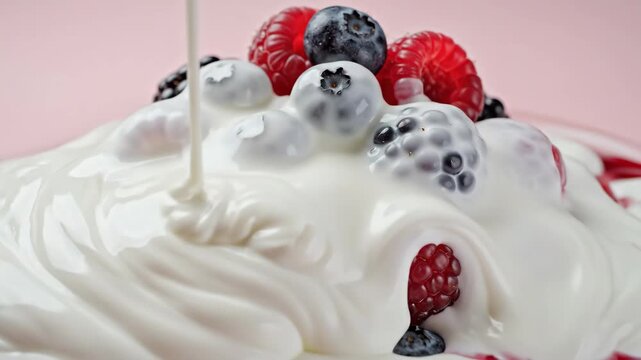 Yogurt Pouring on Fresh Berries - A close-up captures fresh yogurt being poured over a mix of raspberries and blueberries.