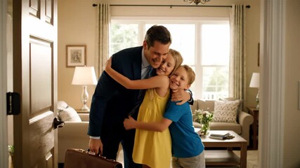 Father in suit returns home with briefcase, smiling as two excited children rush to greet him in the living room, sharing a warm, joyful family reunion after work - Powered by Adobe