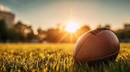 American football ball resting on grass field at sunset or sunrise