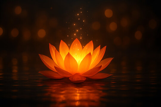 Happy mahayana new year glowing mystical orange lotus flower floating on dark water with sparkling light rising symbolizing purity and enlightenment