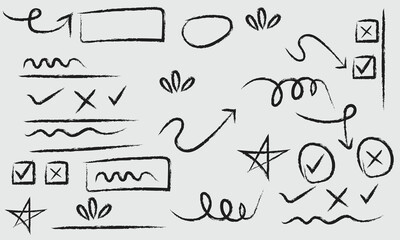 Hand Drawn Doodle Elements Check Marks Boxes Arrows and Brush Strokes Set