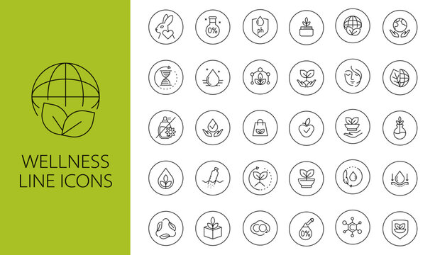 Wellness and Nature Line Icons. Round Eco Symbols for Sustainable Brands, Packaging design icon set