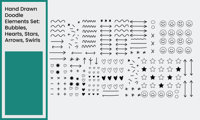 Hand drawn doodle elements set bubbles hearts stars arrows and swirls isolated