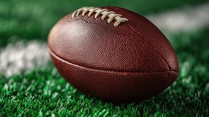 Detailed close-up of an american football ball on a turf field
