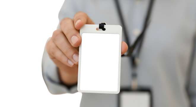Hand holding a blank white ID badge holder with a lanyard against a transparent background ID card isolated on a transparent background