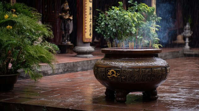 A large incense holder at Thien Mu Pagoda on a rainy day in Hue Vietnam
