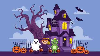 Halloween Night Illustration: Haunted House, Trick-or-Treating Kids, Spooky Tree & Jack-o'-Lanterns