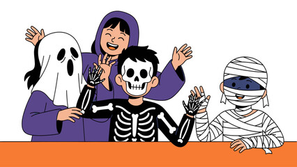 Joyful Kids in Halloween Costumes: Ghost, Skeleton, Mummy & Hooded Character Celebrating Spooky Fun