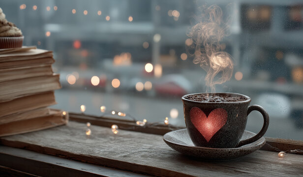 AI generator images of A coffee cup shaped like a heart, beautiful riverside view in autumn, with picnic tables set up under trees with bright orange leaves. picnic table covered in fall leaves