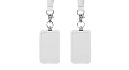 Two Blank White Vertical ID Card Holders with Silver Clips and Lanyards ID card isolated on a transparent background
