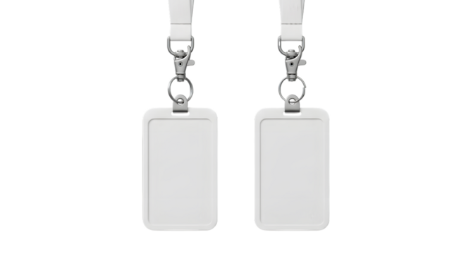 Two Blank White Vertical ID Card Holders with Silver Clips and Lanyards ID card isolated on a transparent background - Powered by Adobe