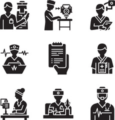 Medical professionals performing diverse tasks and using equipment healthcare doctor