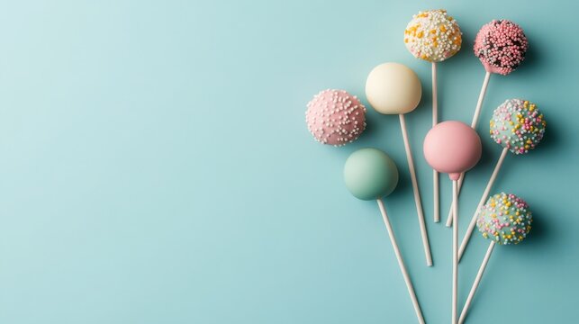 Several colorful frosted cake pops with sprinkles arranged on a pale blue background.