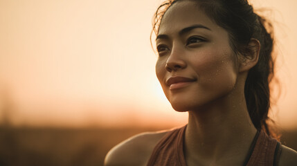 an epic high contrast shot of a mixed race, half asian woman, wearing a brown running tshirt and has a slight smile on her face. She looks out into the distance with a look of upliftment